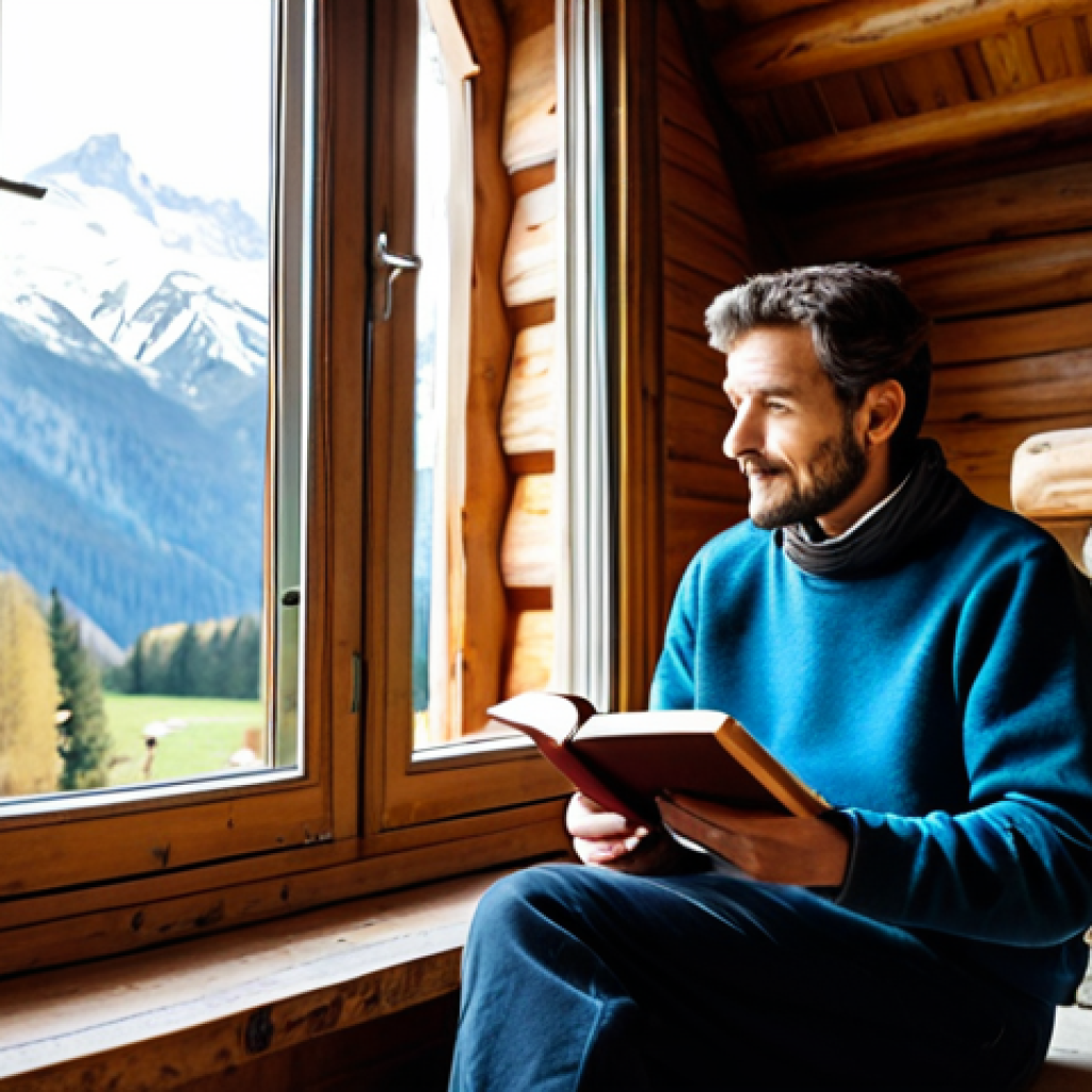 An individual in modest, comfortable clothing, sitting in a cozy, rustic isolated wooden chalet in the French mountains. Snow-capped peaks and evergreen forests are visible through a large window. The person is holding a book, looking relaxed by a crackling stone fireplace. The interior features natural wood, soft lighting, and warm textures, reflecting a peaceful, contemplative atmosphere. fully clothed, appropriate attire, safe for work, perfect anatomy, correct proportions, well-formed hands, proper finger count, natural body proportions, professional, high quality.