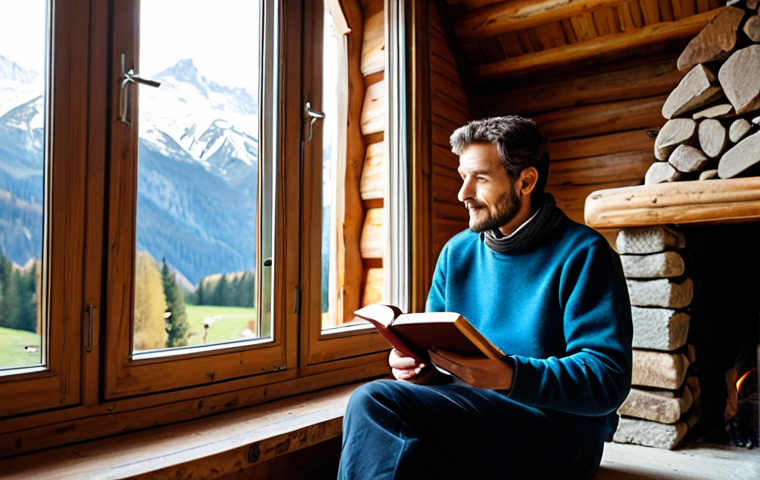An individual in modest, comfortable clothing, sitting in a cozy, rustic isolated wooden chalet in the French mountains. Snow-capped peaks and evergreen forests are visible through a large window. The person is holding a book, looking relaxed by a crackling stone fireplace. The interior features natural wood, soft lighting, and warm textures, reflecting a peaceful, contemplative atmosphere. fully clothed, appropriate attire, safe for work, perfect anatomy, correct proportions, well-formed hands, proper finger count, natural body proportions, professional, high quality.
