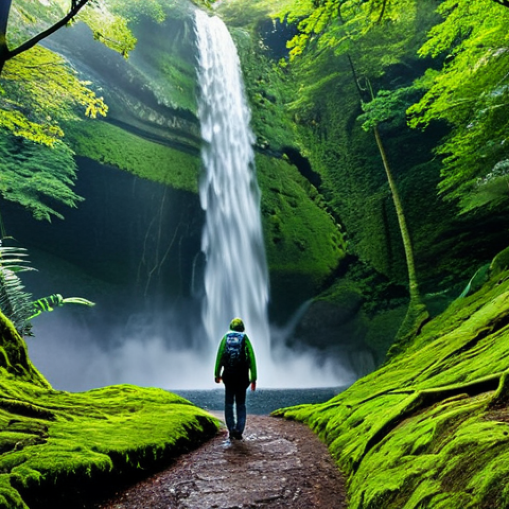 A lone explorer, fully clothed in modest, appropriate hiking attire, carefully walking on a winding, hidden forest path near a majestic waterfall. The path is covered with vibrant green moss and damp leaves. Soft mist from the waterfall gently fills the air. The explorer pauses to consciously observe iridescent dragonflies hovering over small, clear natural pools. Sunlight filters softly through the dense tree canopy, creating dappled light and a serene atmosphere. The scene emphasizes discovery and a deep, tranquil connection with nature. Professional photography, perfect anatomy, correct proportions, natural pose, well-formed hands, proper finger count, natural body proportions, safe for work, appropriate content, fully clothed, family-friendly.