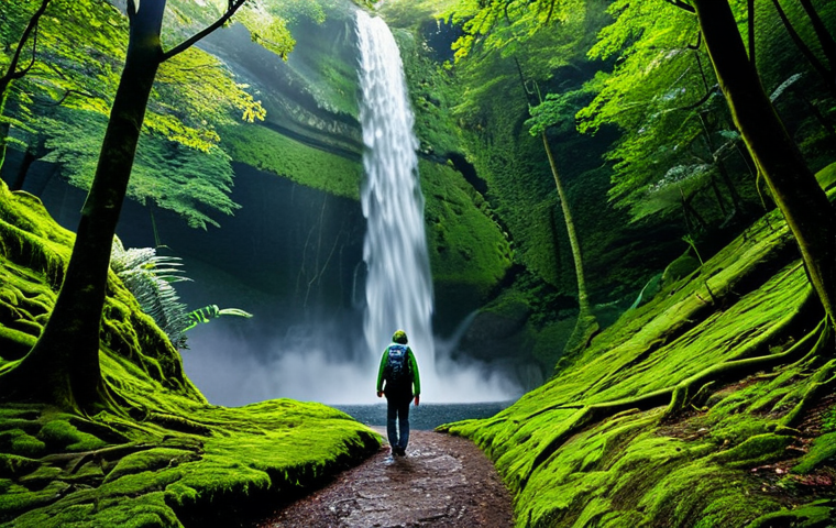 A lone explorer, fully clothed in modest, appropriate hiking attire, carefully walking on a winding, hidden forest path near a majestic waterfall. The path is covered with vibrant green moss and damp leaves. Soft mist from the waterfall gently fills the air. The explorer pauses to consciously observe iridescent dragonflies hovering over small, clear natural pools. Sunlight filters softly through the dense tree canopy, creating dappled light and a serene atmosphere. The scene emphasizes discovery and a deep, tranquil connection with nature. Professional photography, perfect anatomy, correct proportions, natural pose, well-formed hands, proper finger count, natural body proportions, safe for work, appropriate content, fully clothed, family-friendly.