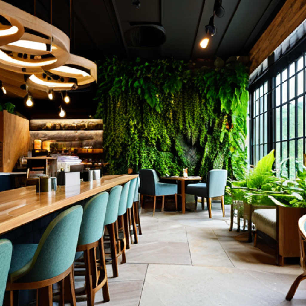 Tranquil Cascade Cafe Interior**
"A cozy, inviting cafe interior with comfortable armchairs facing a shimmering waterfall visible through large windows, fully clothed patrons enjoying coffee, natural materials like wood and stone prominently featured, lush green plants throughout the space, soft and diffused lighting, safe for work, appropriate content, perfect anatomy, natural proportions, professional interior design photography, high quality, modest and family-friendly atmosphere."
**