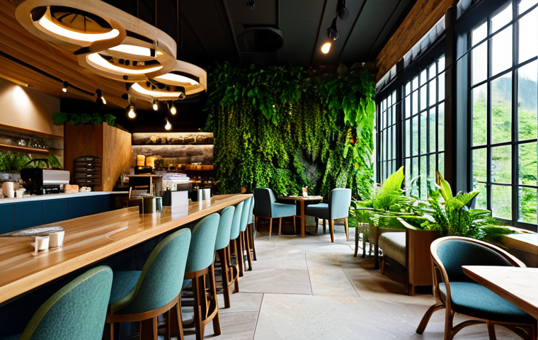 Tranquil Cascade Cafe Interior**

"A cozy, inviting cafe interior with comfortable armchairs facing a shimmering waterfall visible through large windows, fully clothed patrons enjoying coffee, natural materials like wood and stone prominently featured, lush green plants throughout the space, soft and diffused lighting, safe for work, appropriate content, perfect anatomy, natural proportions, professional interior design photography, high quality, modest and family-friendly atmosphere."

**