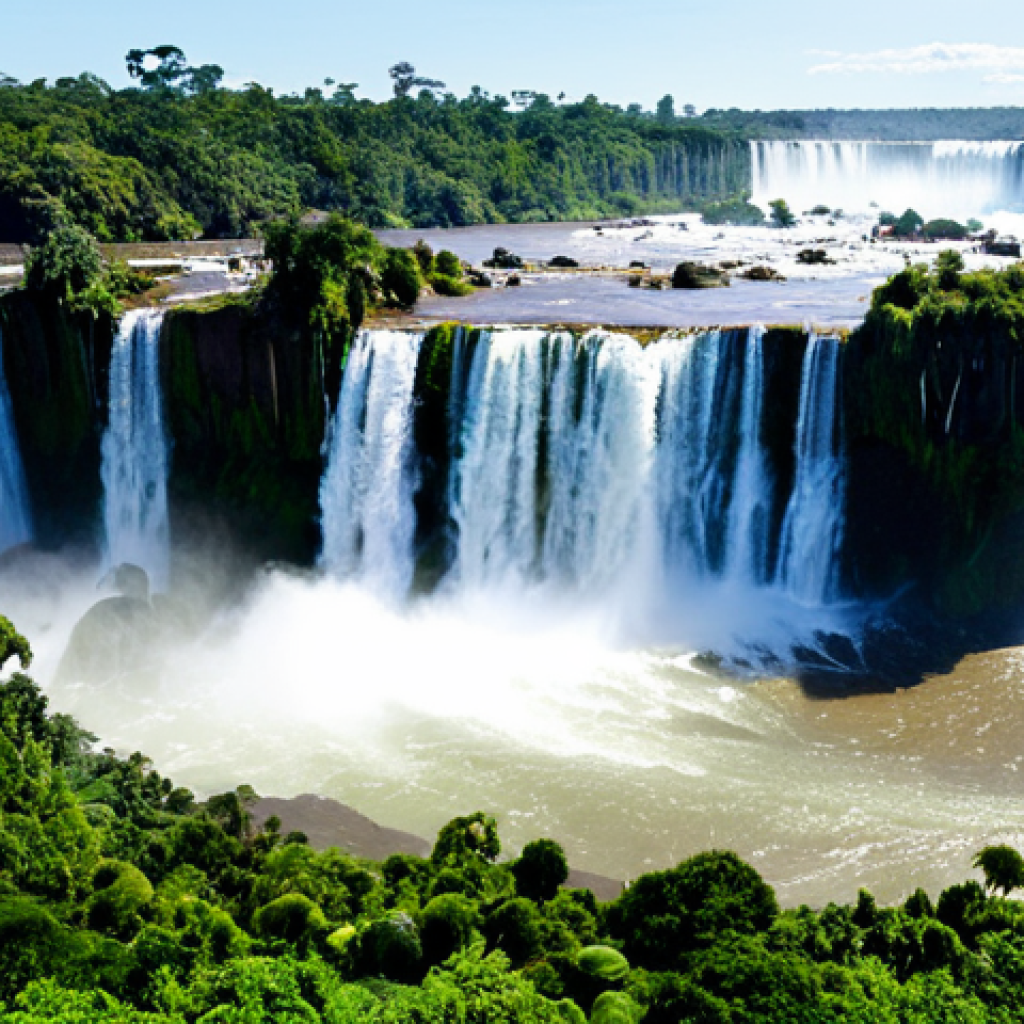 폭포의 구조적 유형 - "A breathtaking view of Iguazu Falls, a wide and thin veil of water cascading down, lush Argentinian...