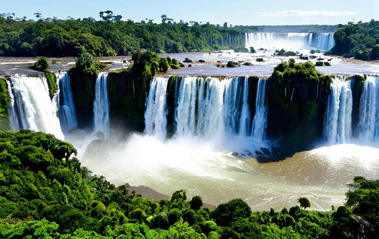폭포의 구조적 유형 - "A breathtaking view of Iguazu Falls, a wide and thin veil of water cascading down, lush Argentinian...