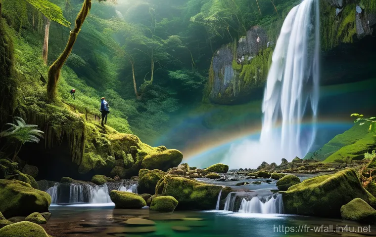 세계에서 가장 아름다운 폭포 - An image of a breathtakingly majestic waterfall cascading powerfully into a pristine pool, surrounde...