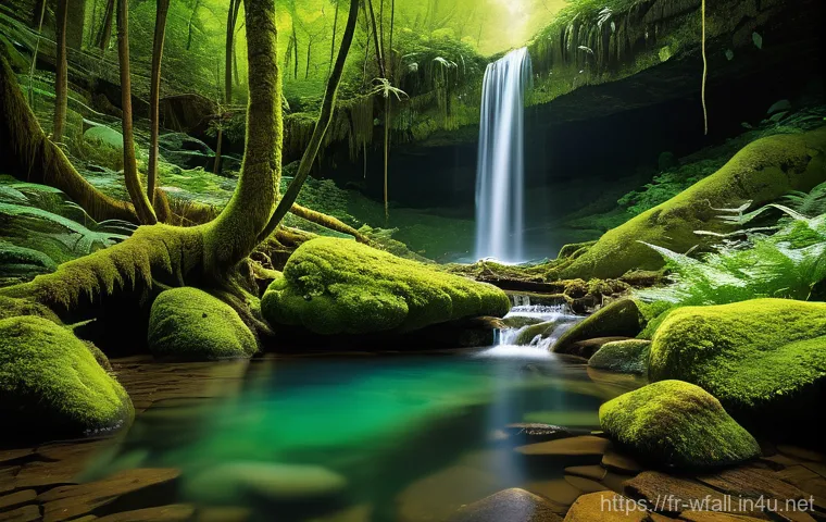 세계에서 가장 아름다운 폭포 - A close-up, artistic shot of a serene waterfall captured with a long exposure, creating a silky, eth...