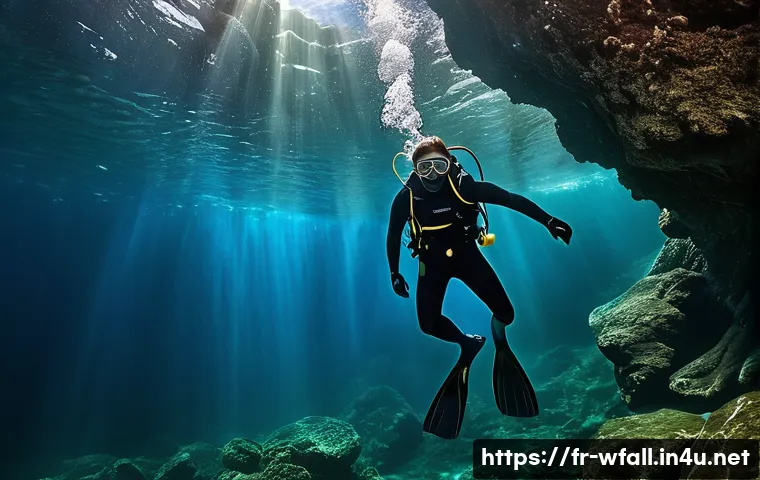 폭포에서 하는 스쿠버다이빙 - **Prompt 1: The Shimmering Curtain**
"A full-body underwater shot of a diver, male or female, we...