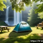 폭포 근처 캠핑 명소 - A serene campsite near a majestic waterfall in the Auvergne-Rh&ocirc;ne-Alpes region of France during earl...