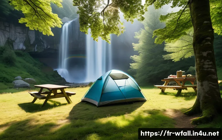 폭포 근처 캠핑 명소 - A serene campsite near a majestic waterfall in the Auvergne-Rhône-Alpes region of France during earl...