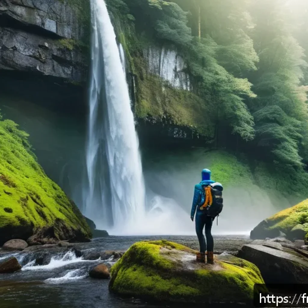 폭포 촬영 필수 카메라 장비 - A professional photographer standing on rugged rocks near a powerful waterfall during golden hour, u...