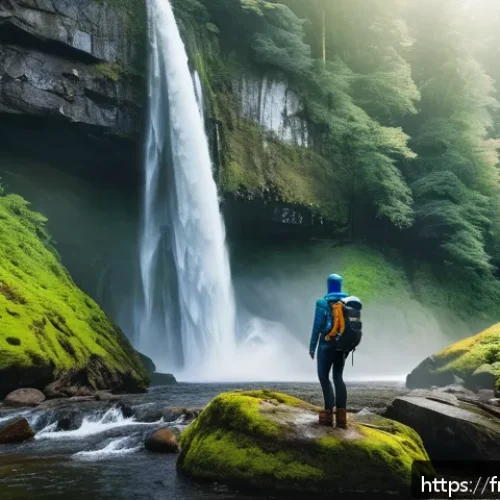 폭포 촬영 필수 카메라 장비 - A professional photographer standing on rugged rocks near a powerful waterfall during golden hour, u...