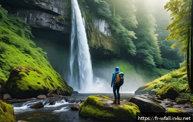 폭포 촬영 필수 카메라 장비 - A professional photographer standing on rugged rocks near a powerful waterfall during golden hour, u...