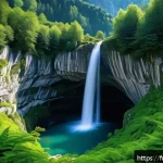 폭포와 계곡 차이점 - A majestic waterfall in the French Alps cascading over a sharp geological fault where limestone meet...