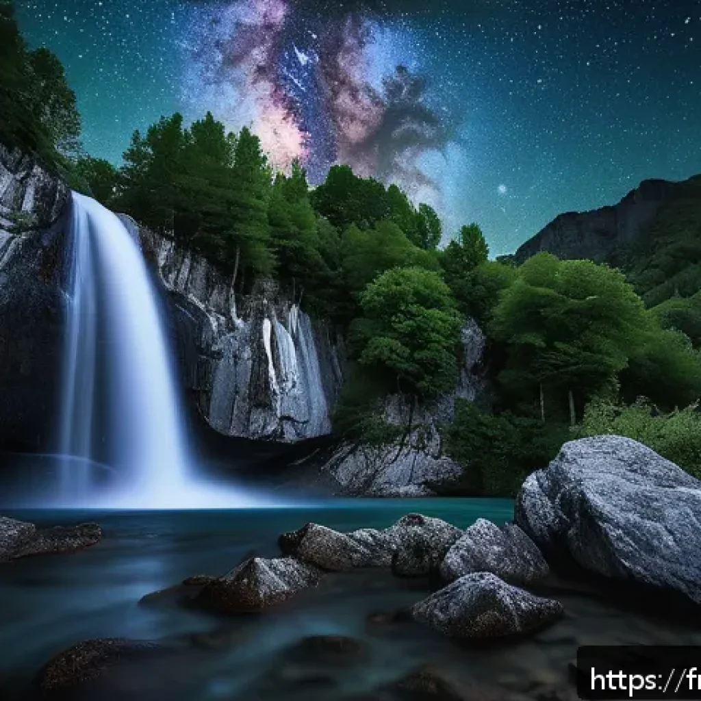 폭포 주변 별보기 명소 - A serene night scene of a secluded mountain waterfall in the French Alps under a vivid Milky Way sky...