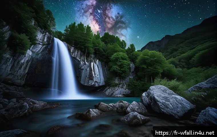 폭포 주변 별보기 명소 - A serene night scene of a secluded mountain waterfall in the French Alps under a vivid Milky Way sky...