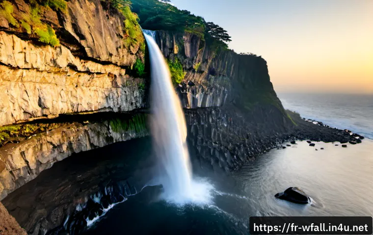 한국의 역사적인 폭포 - Photorealistic sunrise view of Jeongbang Waterfall on Jeju Island, South Korea, powerful freshwater ...