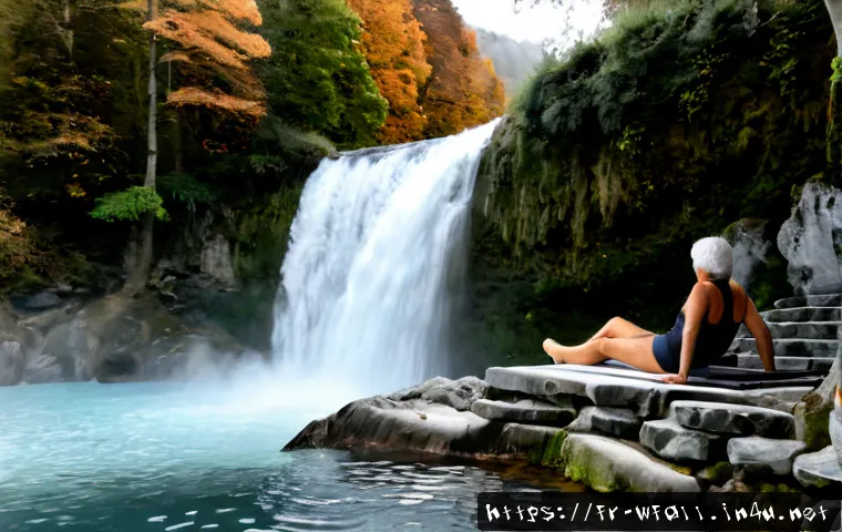 Home 17 폭포 주변 온천 추천 - Photorealistic outdoor thermal pool beside a cascading waterfall in the French Pyrenees, stone-lined...